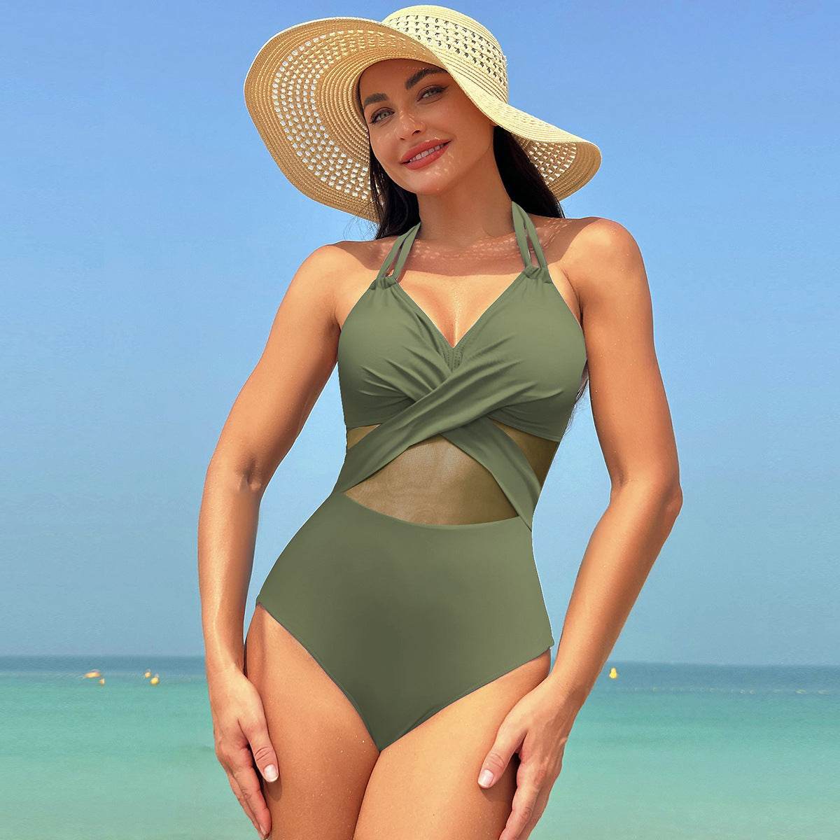 Halter-neck One-piece Swimsuit Summer Solid Color Cross-strap Design Mesh Bikini Beach Vacation Womens Clothing - Velora