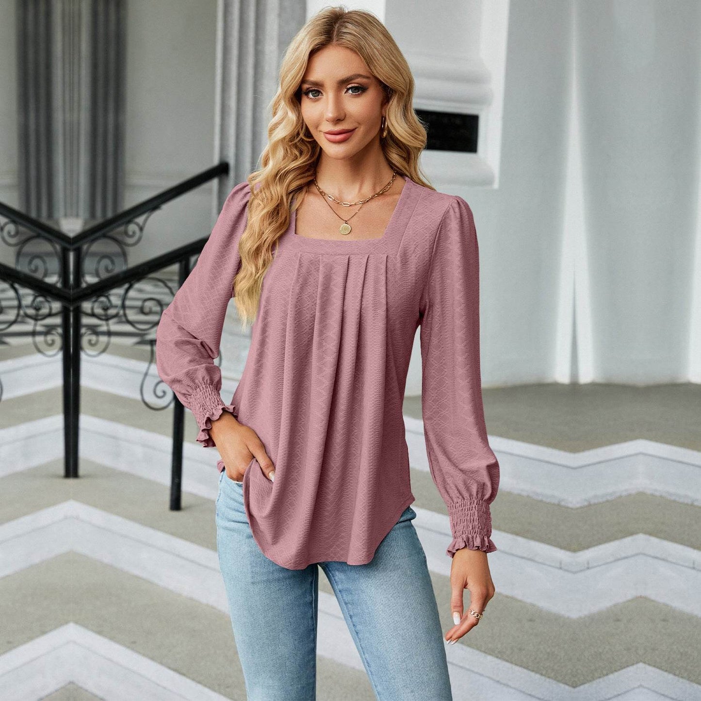 New Jacquard Pleated Square Neck T-shirt Fashion Solid Color Long Sleeve Pullover Tops Womens Clothing - Velora