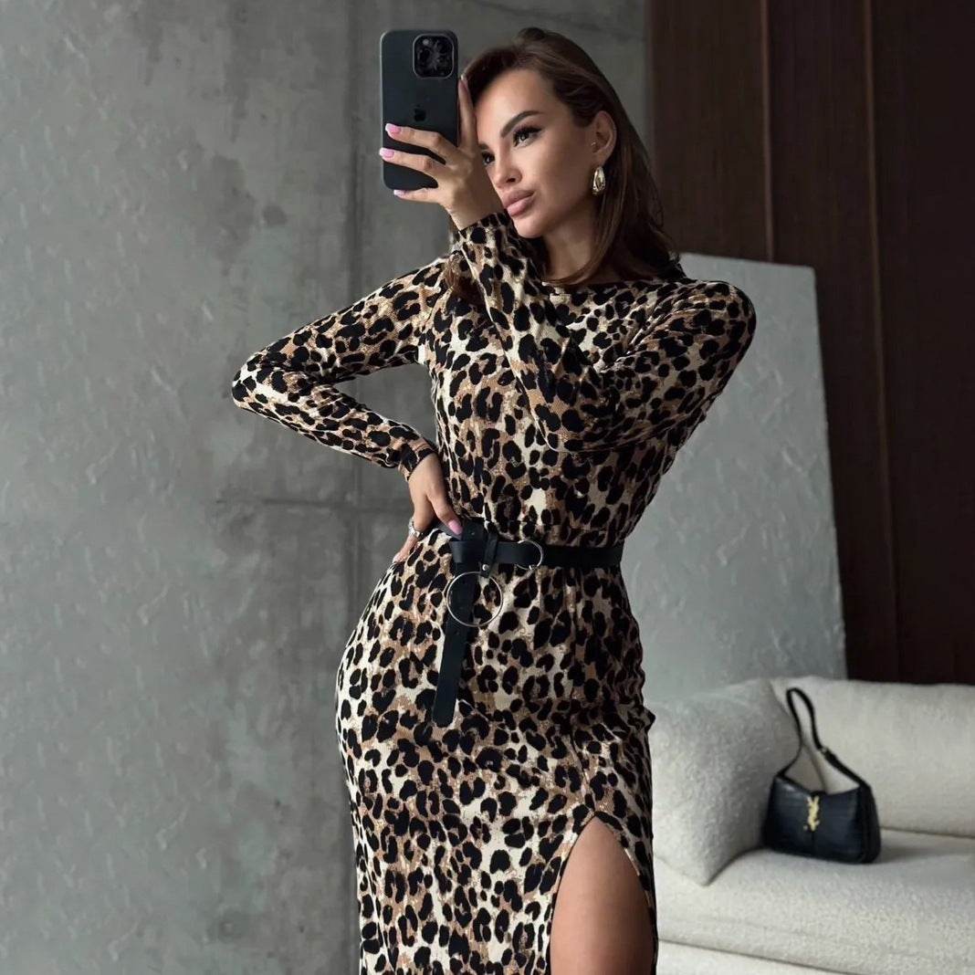 High Slit Leopard Print Dress Slim Fit Women - Velora