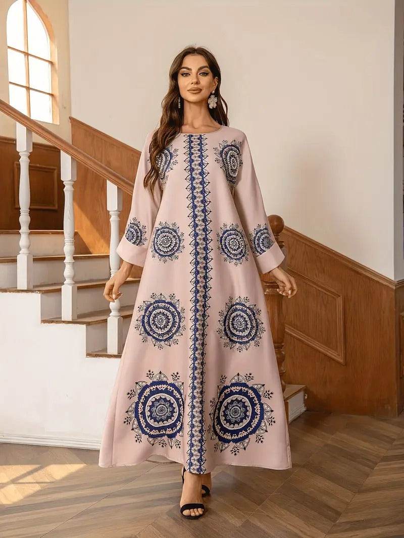 Long Women's Robe, Round Neck And Printed Dress - Velora