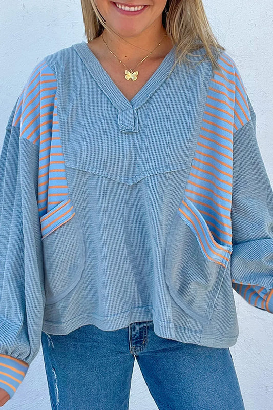 Striped Long Sleeve V-Neck Oversized Sweatshirt - Velora