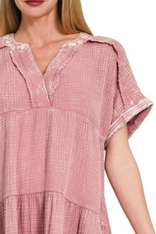 Zenana Washed Double Gauze Raw Edge V-Neck Dress - Velora