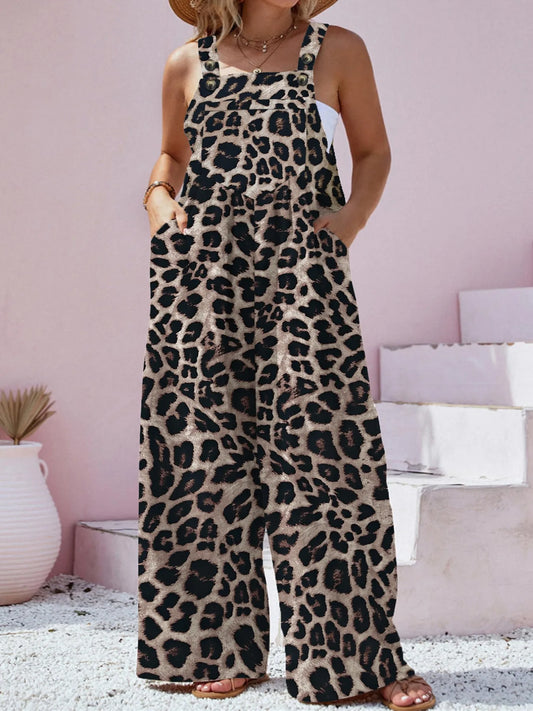 Plus Size Leopard Print Wide Leg Casual Overalls - Velora