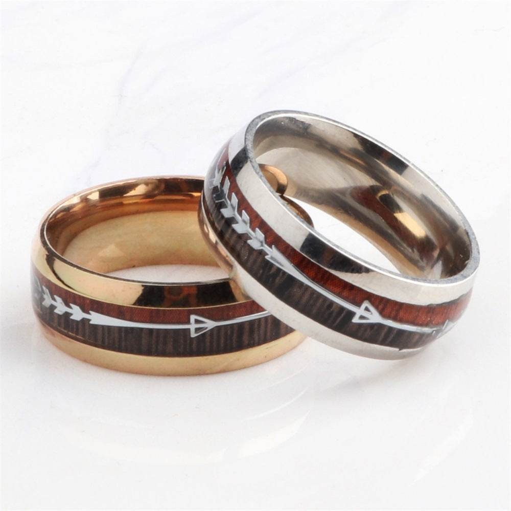 Stainless Steel Wood Grain Arrow Inlaid Ring - Velora