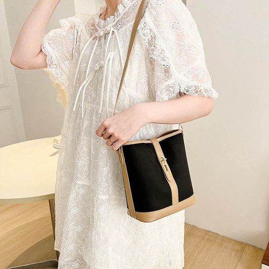 New Contrast Color Texture Crossbody Bucket Bag - Velora