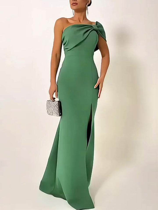 Bow tie One shoulder Green Evening Dress Slit Formal dress - Velora