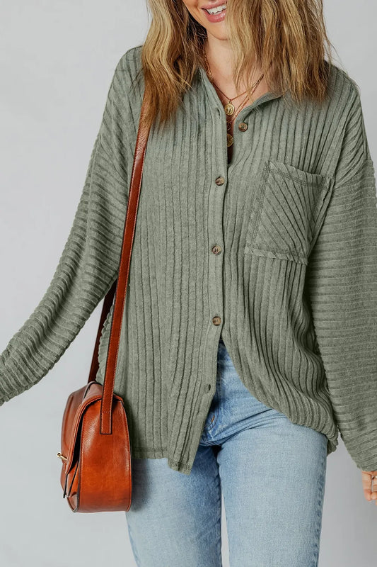 Ribbed Knit Button-Up Cardigan - Velora