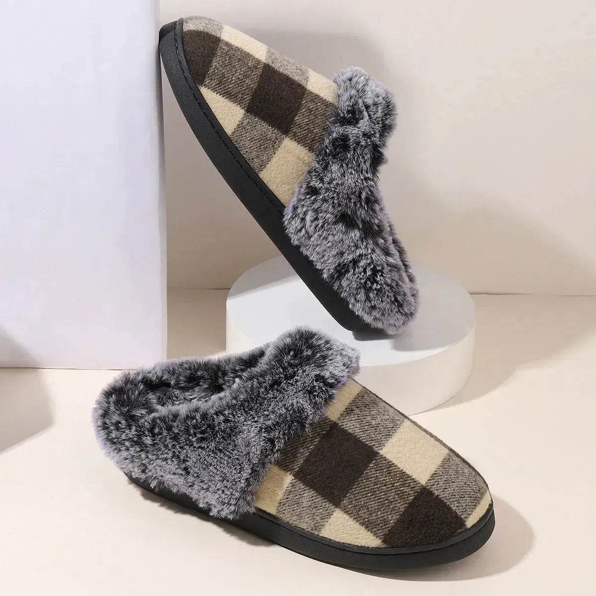 Winter Warm Plaid Plush Slippers Home Indoor Non-slip Bedroom Floor Soft Fuzzy Slipper For Couple Fashion Solid House Shoes - Velora