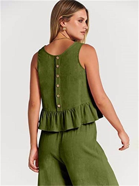 Casual Suit Summer Sleeveless Pleated Vest And Wide-leg Cropped Pants Fashion Two Piece Sets Women - Velora