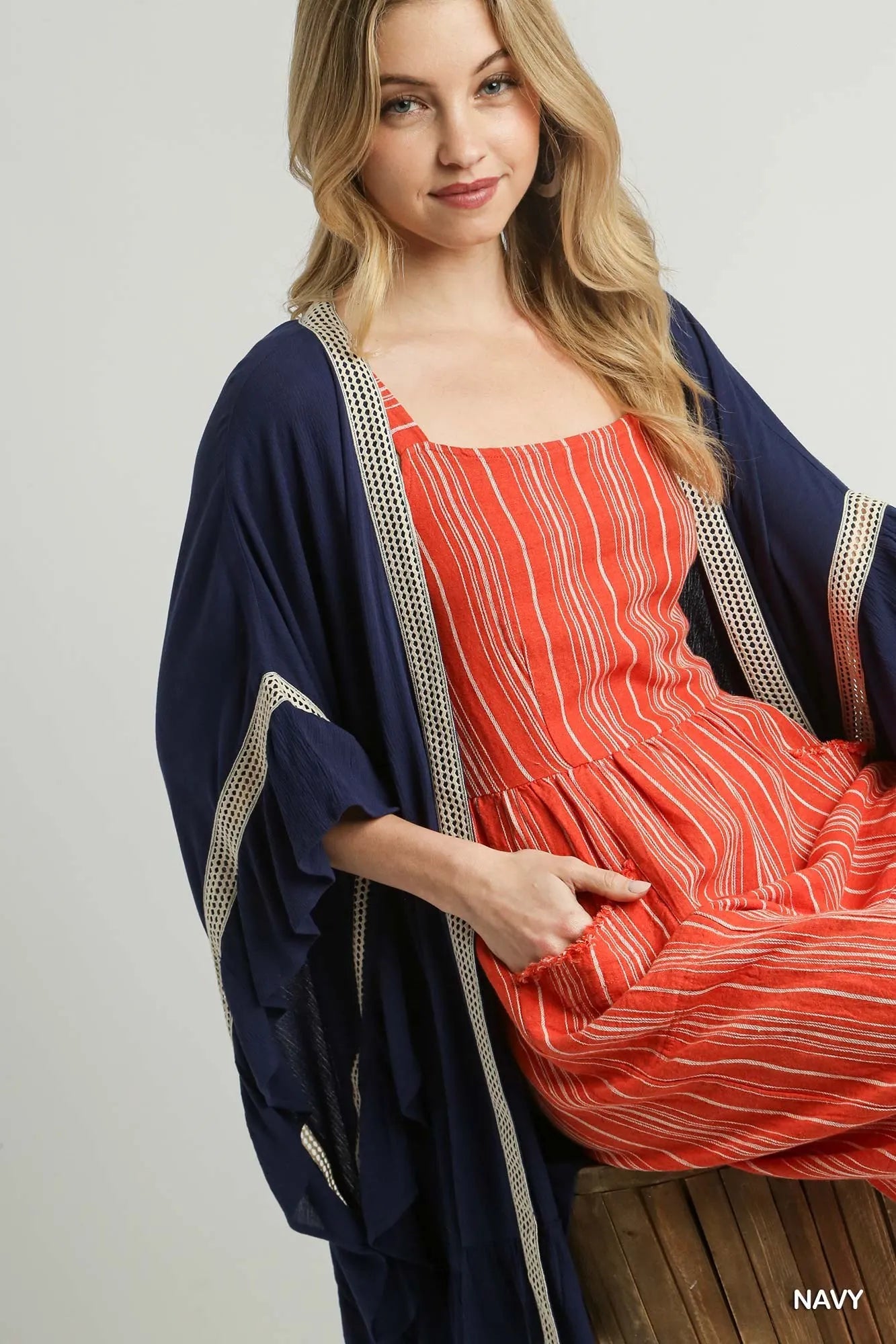 Umgee Ruffle Trim Kimono with Crochet Accent - Velora