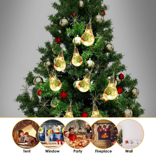 1Pc 13.78FT Christmas Snow Globe String Light Battery Powered 10 LED Bulbs Indoor Christmas Lights With Pine Needles Snowflakes Berries - Velora