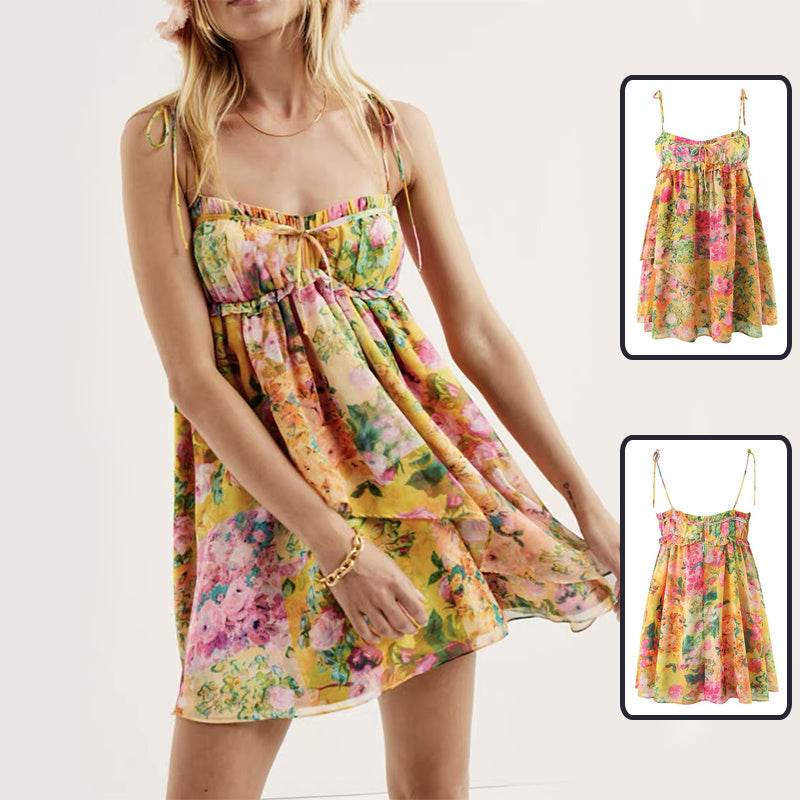 Y2K Flowers Print Suspender Dress Summer Fashion Ruffled Holiday Beach Short Dresses Womens Clothing - Velora