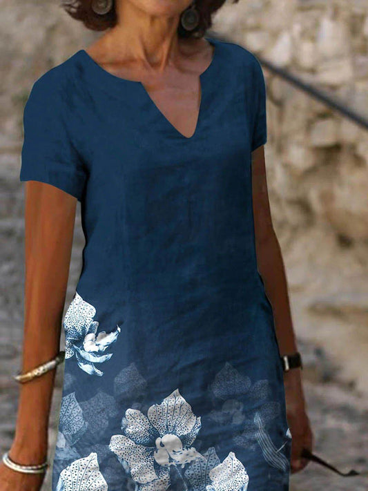 Women's Floral Printed Cotton And Linen Short-Sleeved V-Neck Mid-Length Dress - Velora