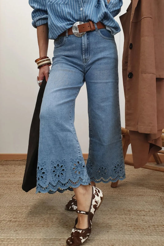 Lace Detail Cropped Wide Leg Jeans - Velora