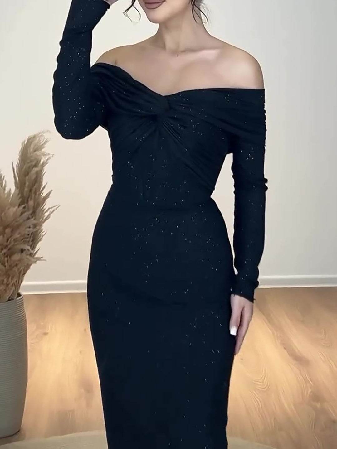 Elegant Off-shoulder Twist Glitter Dress - Velora
