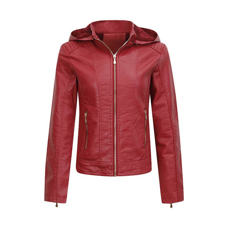 Plush Thickened Hooded Coat Winter Fashion Slim Zipper Leather Jacket With Pockets Long Sleeve Outwear Tops For Womens Clothing - Velora