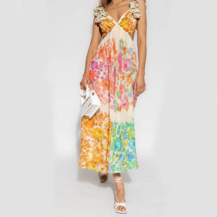 Fashion V-neck Ruffle Sleeve Long Dress Summer Romantic French-Style Flowers Print Bow-knot Backless Design Beach Vacation Dresses Womens Clothing - Velora