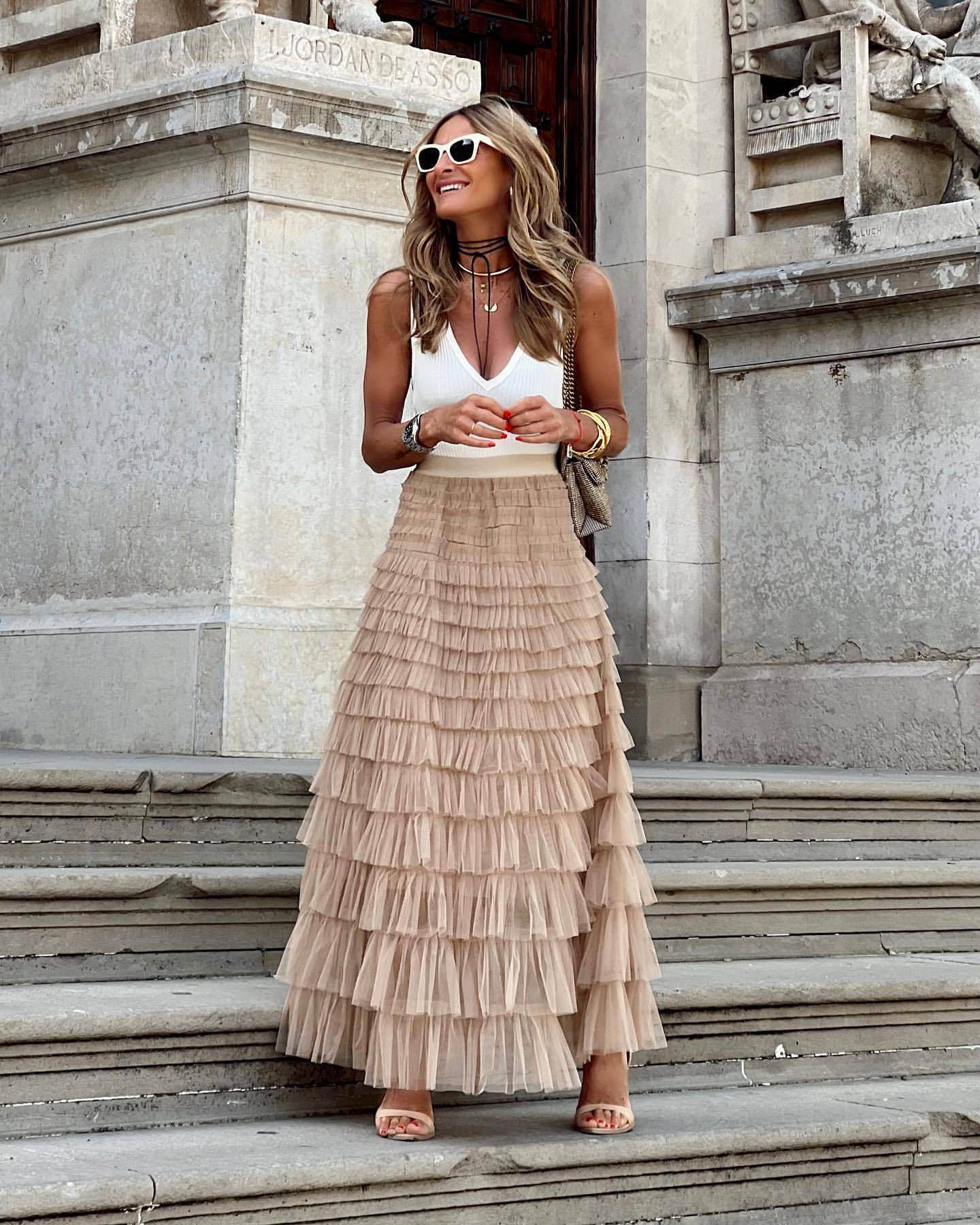 Layered Ruffles Cake Skirt Summer Fashion A Line Swing Mesh Long Skirt Party Dress Women - Velora