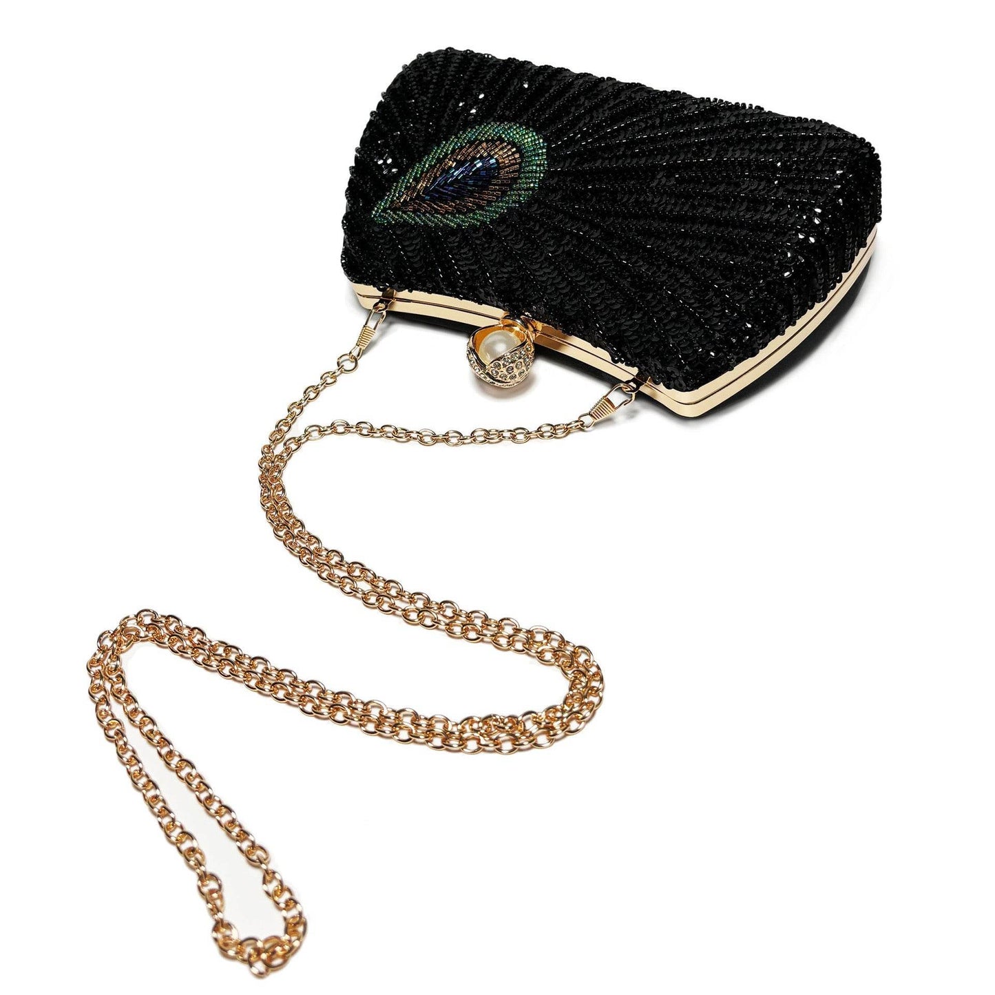 Beaded Peacock Feather Large Pearl Rhinestone Large Capacity Crossbody Shoulder Bag - Velora