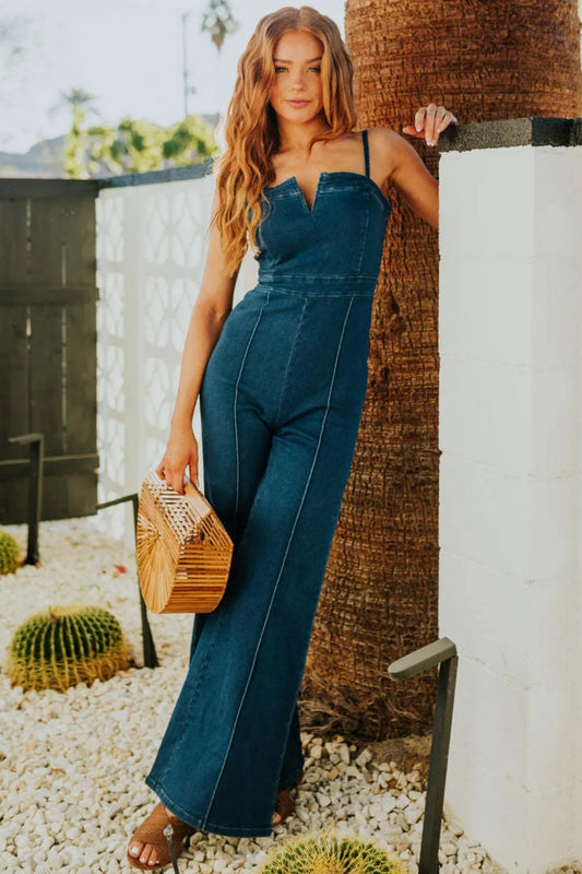Spaghetti Strap Wide Leg Denim Jumpsuit - Velora