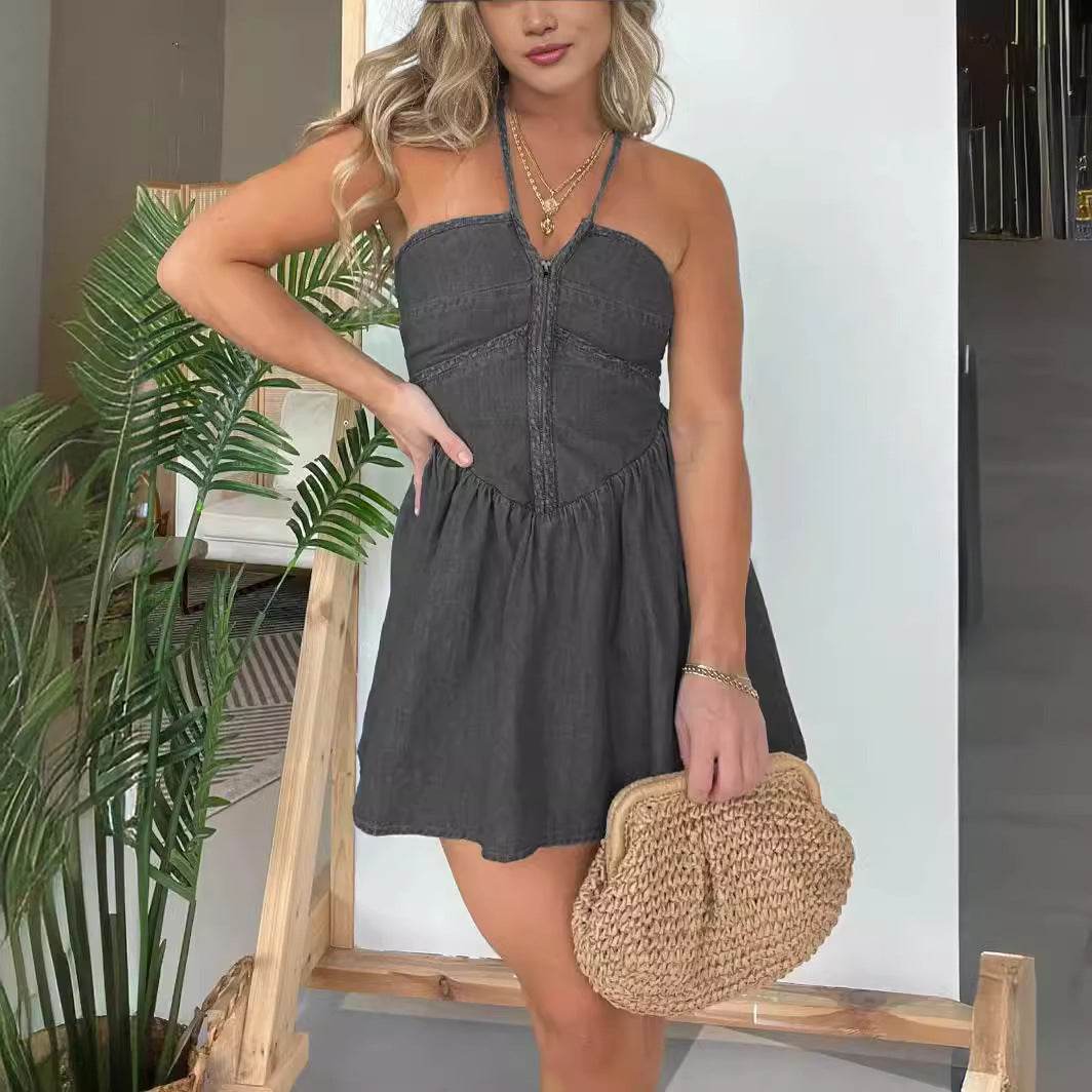Fashion Women's Halter Denim Mini Flared Dress