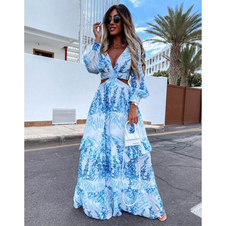 Elegant Women's Hollow Floor V-neck Long-sleeved Plant Dress Long Dresses Spring Summer Print V-neck Long Sleeve Dress - Velora