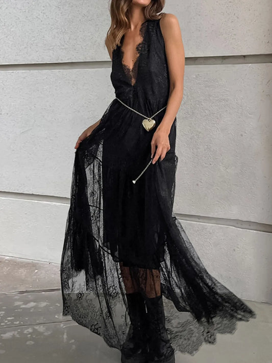 Lace Deep V-Neck Maxi Dress - Velora