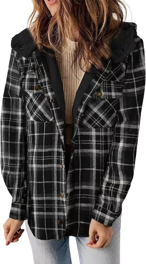 Casual Plaid Hooded Woolen Coat Thickened Fleece-lined Warm Jacket - Velora