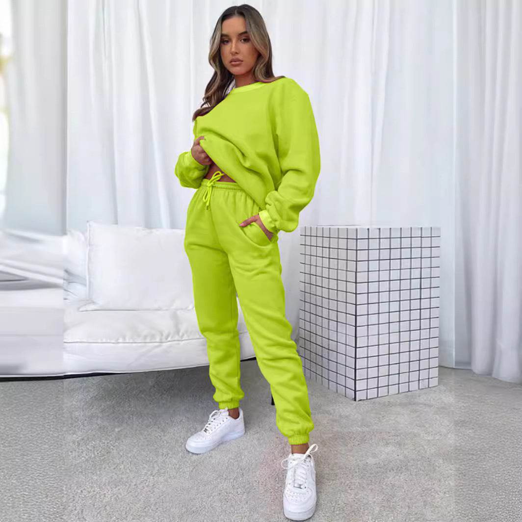 Women's Solid Color Round Neck Pullover Sweatshirt Pants - Velora