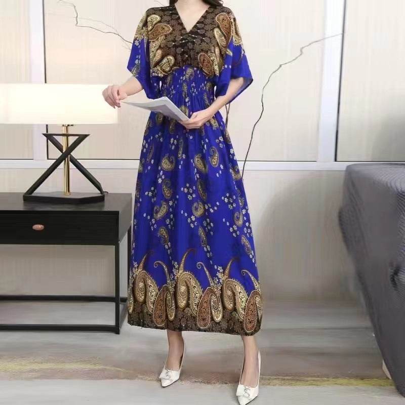 Cotton Silk Floral Dress Women's Summer Ethnic Style V-neck Short Sleeve Pastoral Style Skirt - Velora