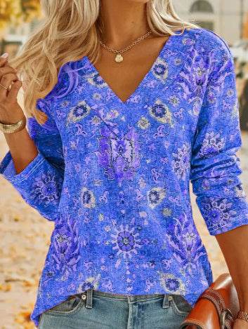 Big Size Bohemian Printed Long Sleeve T-Shirt Summer Fashion V-Neck Top Beach Clothing For Women - Velora