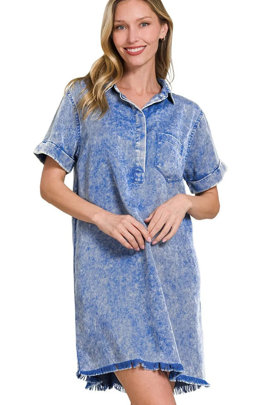 Zenana Tencel Mineral Washed Collared Shirts Dress - Velora