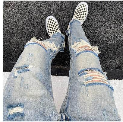 Destroyed ripped Denim jeans Pant men straight leg men