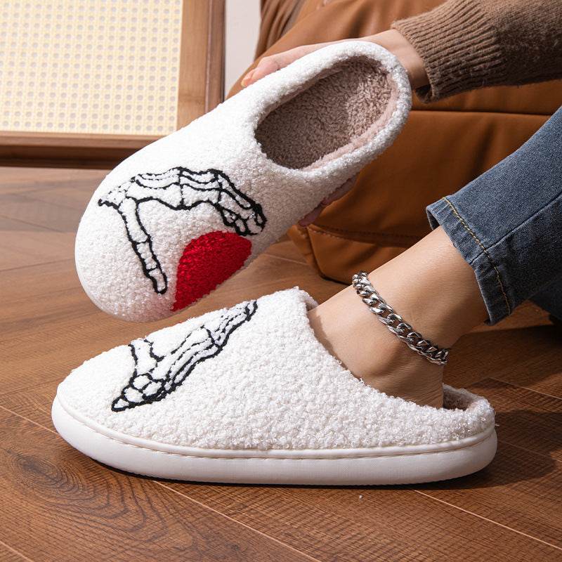 Funny Halloween Love Skull-hand Slippers Home Non-slip Soft Bottom Cotton Floor Bedroom Slippers Winter Warm House Shoes For Women Men - Velora