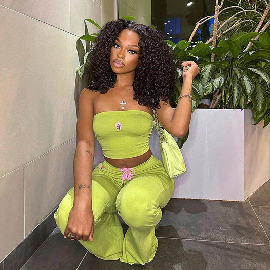 Fashion Summer Suit Embroidery Tube Top And High Waist Drawstring Bell-bottomed Pants Two-piece Set Womens Clothing - Velora