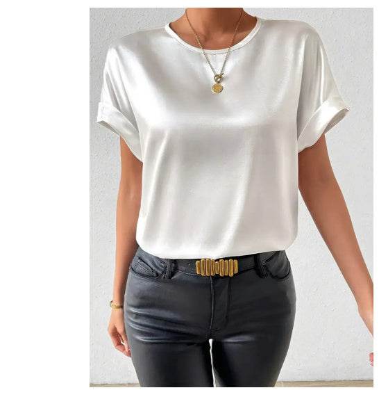 Elegant Solid Color Round Neck Short Sleeves Top T-shirt - Velora