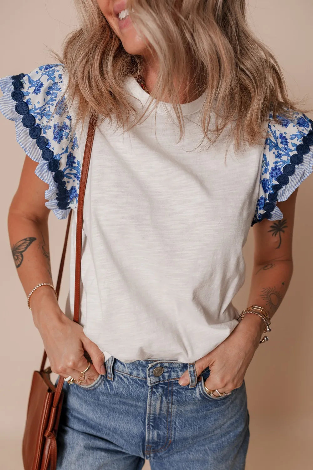 Round Neck Printed Ruffled Cap Sleeve Blouse - Velora
