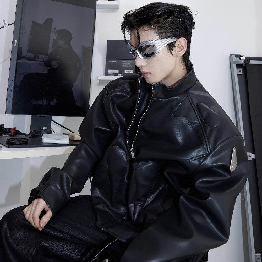 Leather Jacket Metal Graphic Design Jacket - Velora