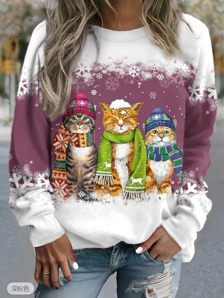 Cross-border Women's Christmas New Snowman And Cat Printed Long Sleeve Casual Loose-fitting T-shirt Christmas Supplies - Velora
