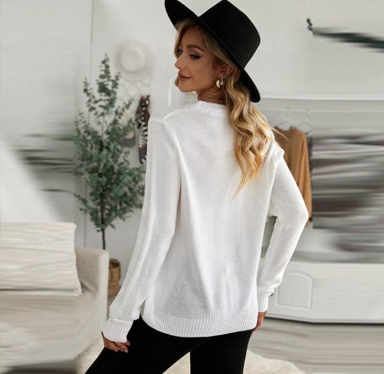 Pure Color Casual Single-breasted V-neck Pullover Sweater - Velora