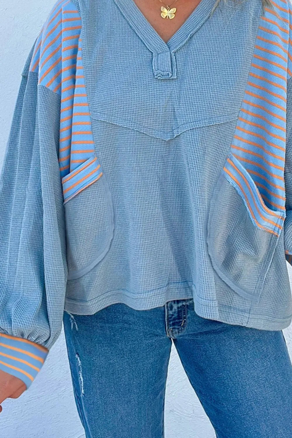 Striped Long Sleeve V-Neck Oversized Sweatshirt - Velora