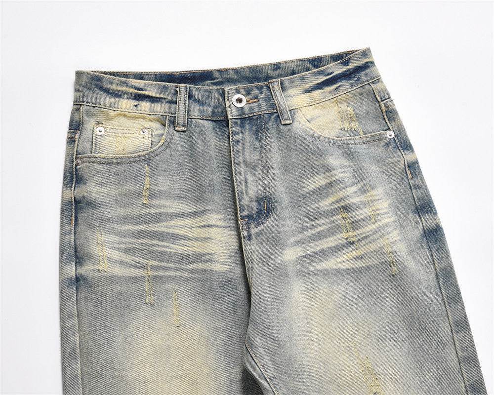 Distressed Scratches Denim Straight-leg Pants Men Jeans