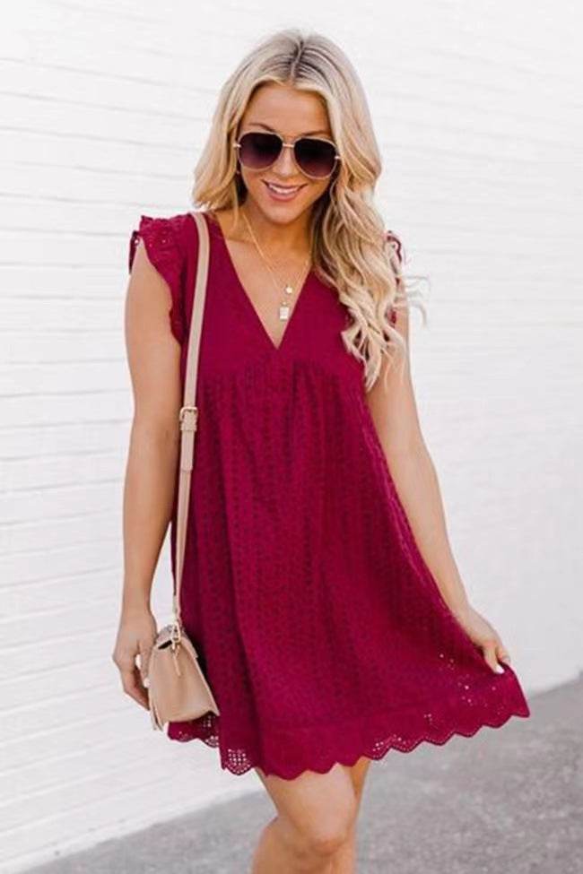 Lace Dresses With Pocket Summer Sleeveless Jacquard Cutout V-Neck Beach Dress - Velora