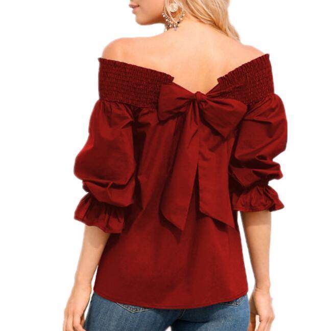 Spring Summer Women Off Shoulder Strapless Blouse top Bowknot Slash Neck Casual Loose Plus Size top - Velora