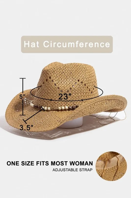 Fame Mixed Beaded Strap Western Fedora Straw Hat - Velora
