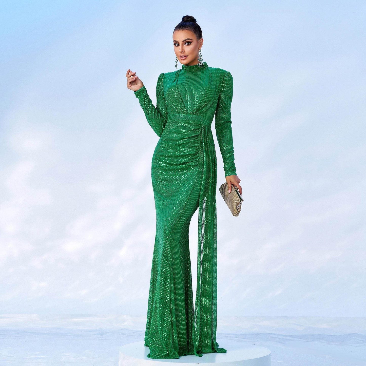 Long Sleeve Round Neck Sexy Slim Long Sequined Banquet Dress - Velora
