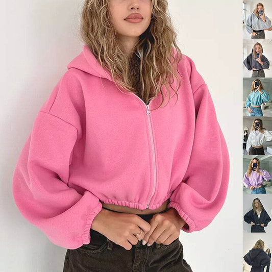 Casual Solid Color Hooded Short Jacket Y2K Fashion Sports Sweatshirt Long Sleeve Zip Up Cardigan Hoodies Women's Clothing - Velora