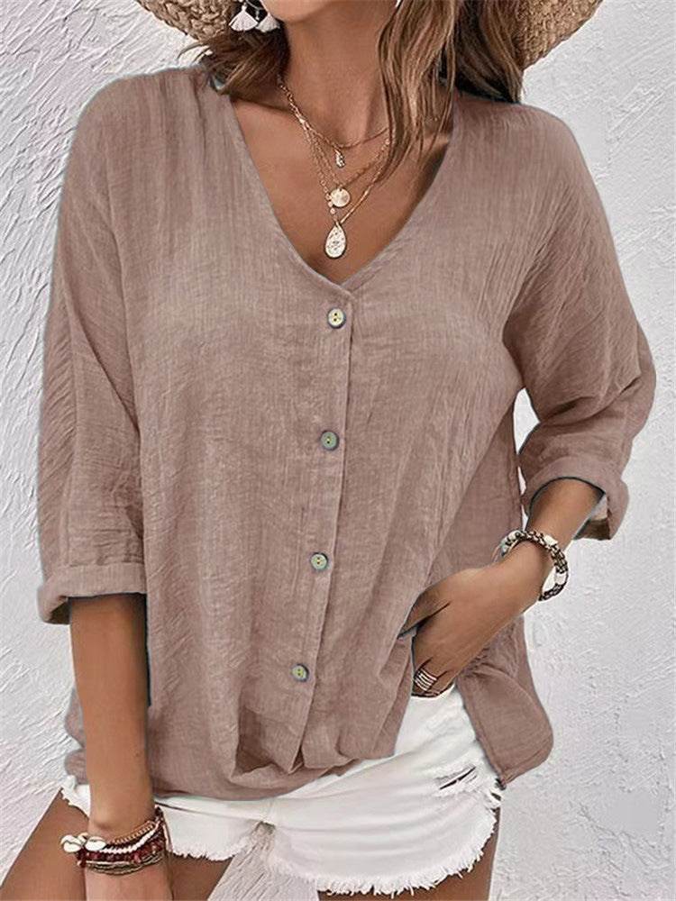 V-neck Long-sleeved T-shirt Fashion Solid Color Button Top Casual Loose Clothing For Women - Velora
