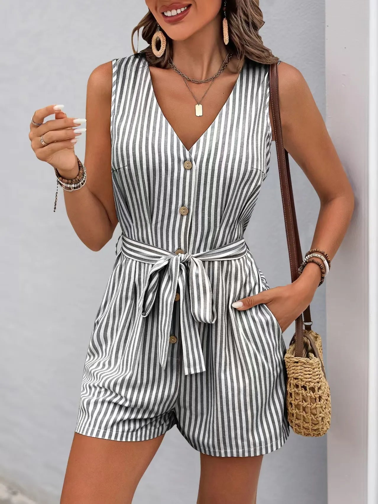 Striped V-neck Button Front Belted Romper - Velora