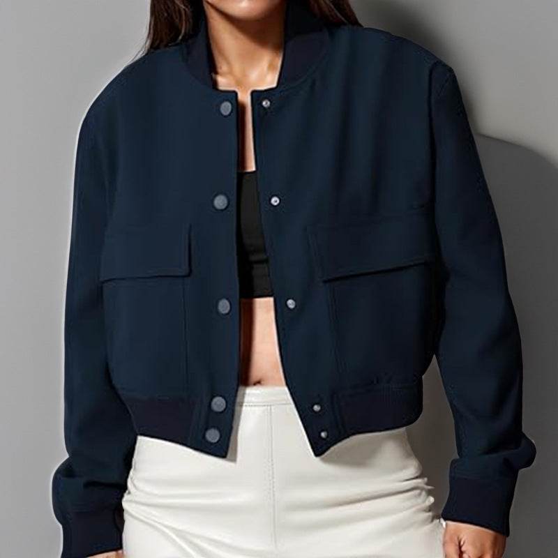Fashion Button Stand-collar Jacket With Big Pockets Casual Loose Short Outwear Tops Coat For Women Clothing - Velora